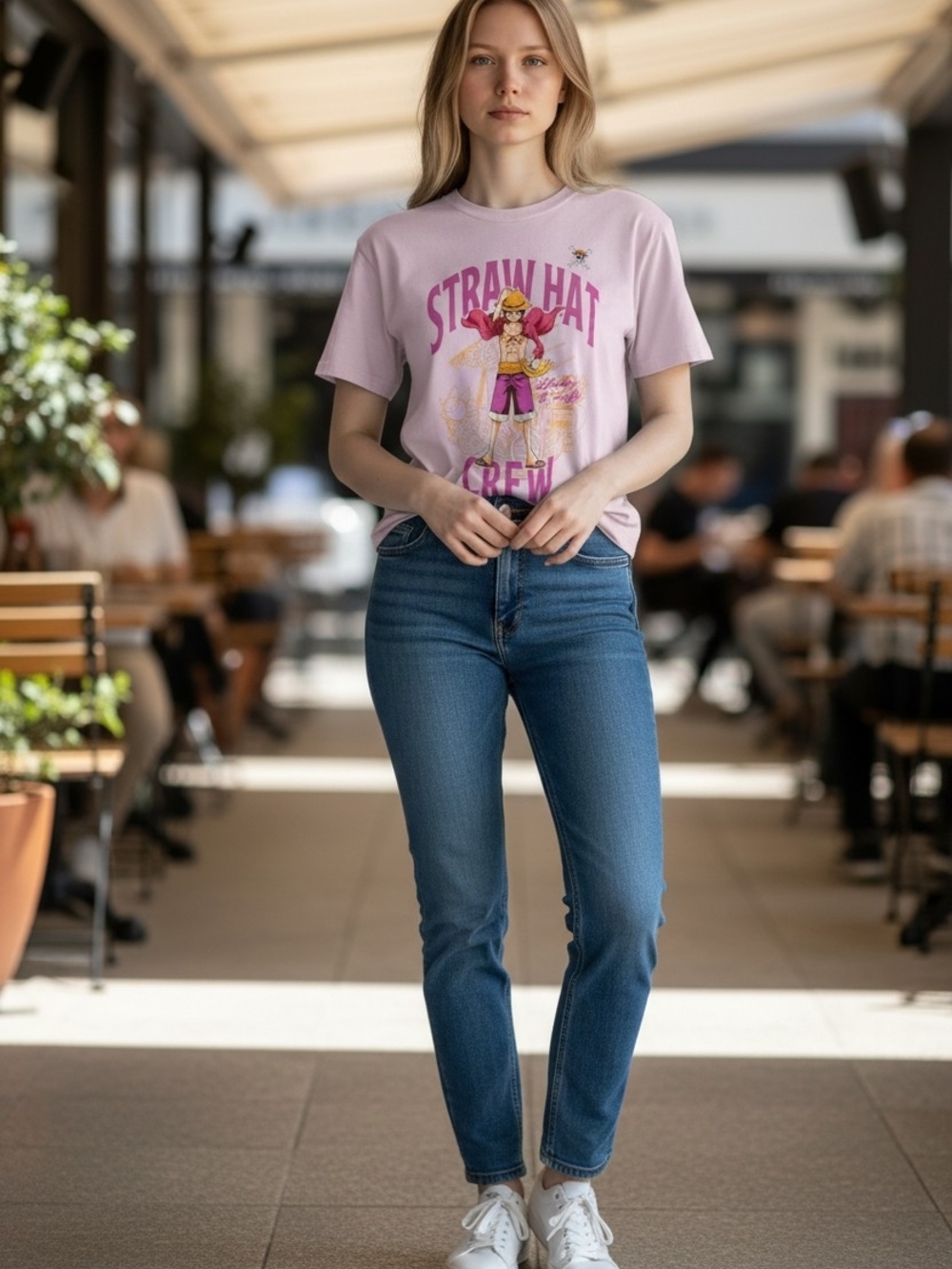 Onepiece Pink Straw Hat Crew Kids Tee with Luffy Graphic - Picture 2 of 6